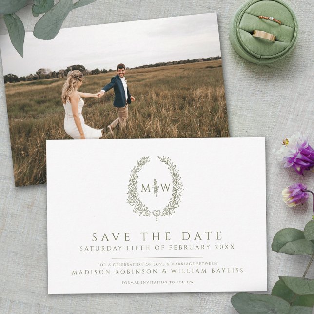Save The Date Ovale feuille blanc olive vert photo mariage (Créateur téléchargé)