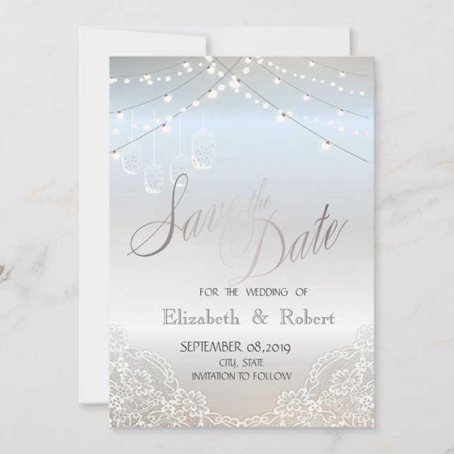 Save The Date Pailleté d'argent, Pot Mason, Dentelle Enregistrer (Devant)