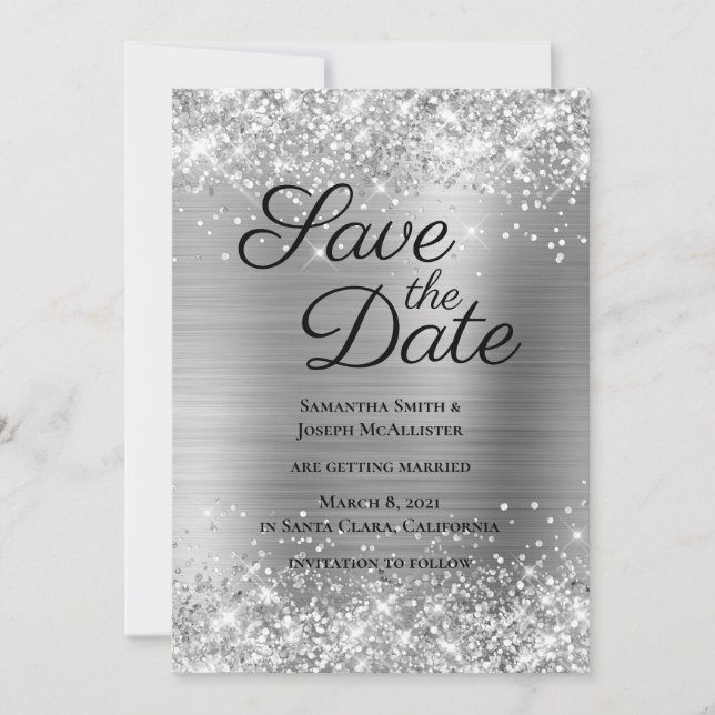 Save The Date Pailleté Gris Argenté Ombré Feuille (Devant)