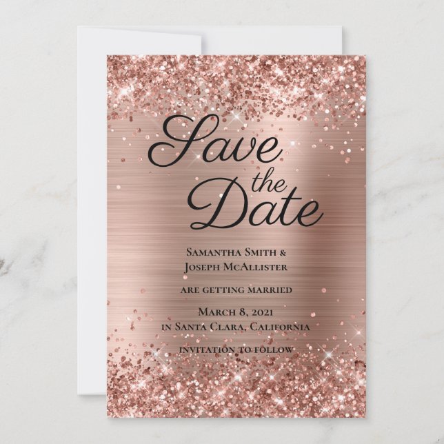 Save The Date Pailleté Or Rose Ombré Feuille (Devant)
