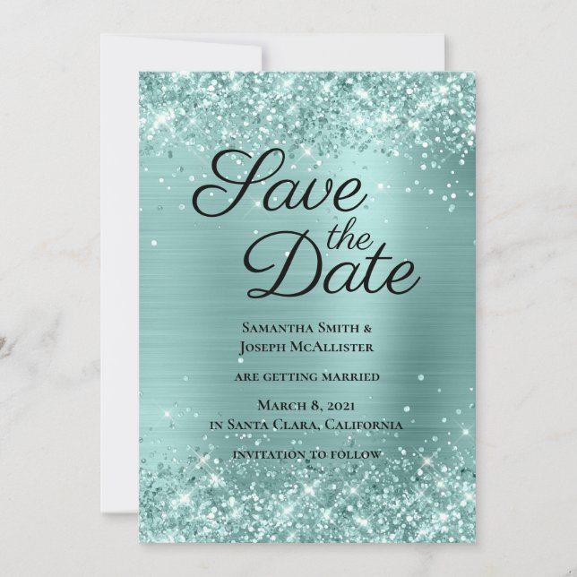 Save The Date Pailleté Turquoise Clair Ombré Feuille (Devant)
