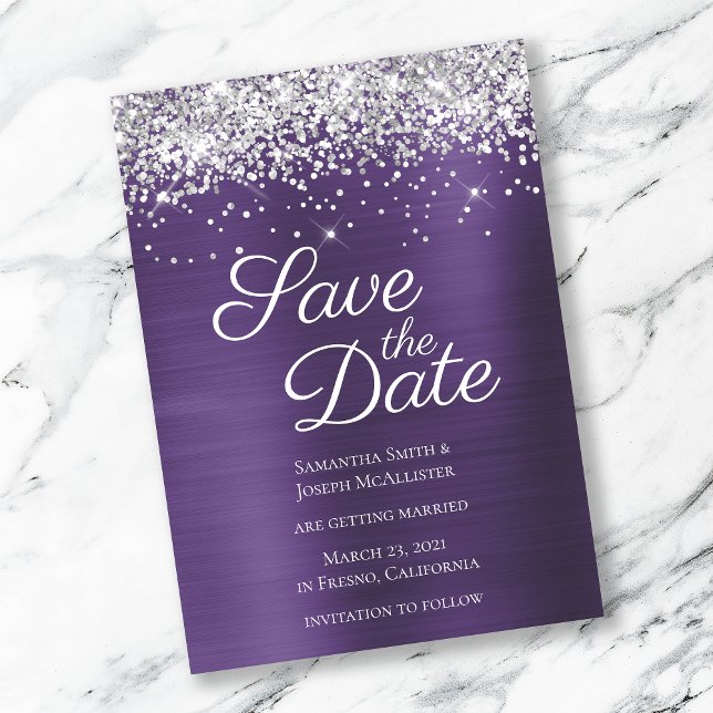 Save The Date Paillettes Argentées Brillantes Violet Foncé Ombré (Créateur téléchargé)