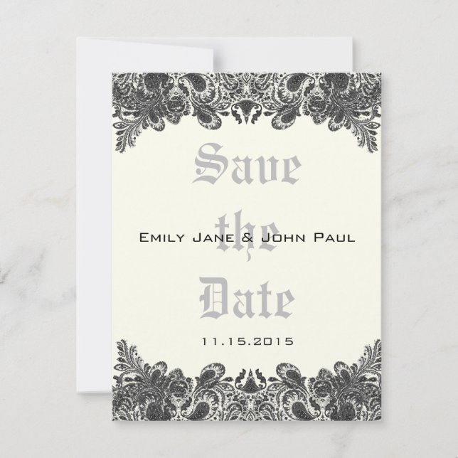 Save The Date Paisley Black & Ivory Mariage damassé Enregistrer  (Devant)