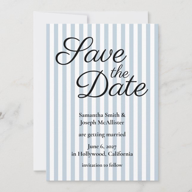 Save The Date Pâle Bleu Poussiéreux et Rayure Blanche (Devant)