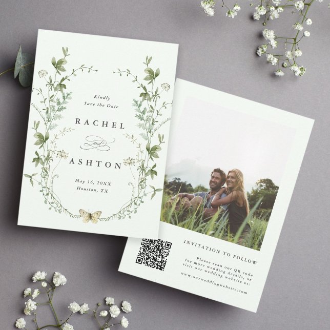 Save The Date Pale Green Elegant Fleur sauvage Photo Mariage (Créateur téléchargé)
