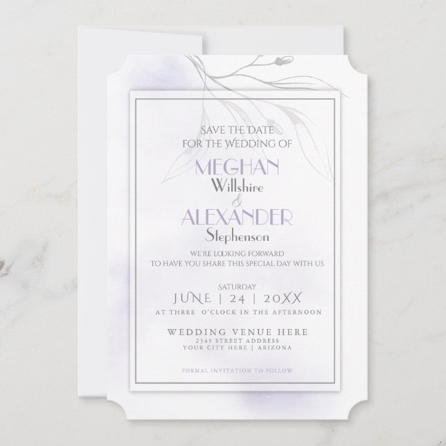 Save The Date Pale Lilac Aquarelle Branche de l'eau d'égout (Devant)