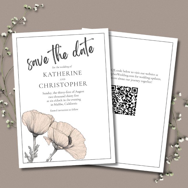 Save The Date Pale Peach Poppies Élégant Mariage Floral (Pale Peach Poppies Elegant Save the Date Card with QR Code for Wedding Website.)