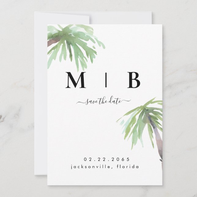 Save The Date Palm Monogramme Mariage blanc tropical Enregistrer (Devant)