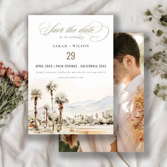 Save The Date Palm Springs Californie Aquarelle photo Mariage (Créateur téléchargé)