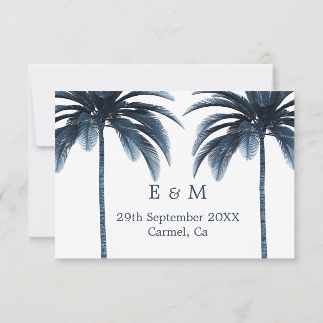 Save The Date Palm Tree Bleu Mariage blanc Enregistrer la date (Dos)