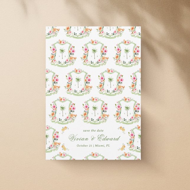 Save The Date Palm Tree Crest Monogramme Summer Boho Beach Maria (Créateur téléchargé)