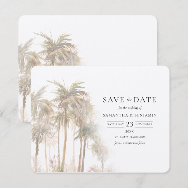 Save The Date Palm Trees Aquarelle Destination Côtière (Devant / Derrière)