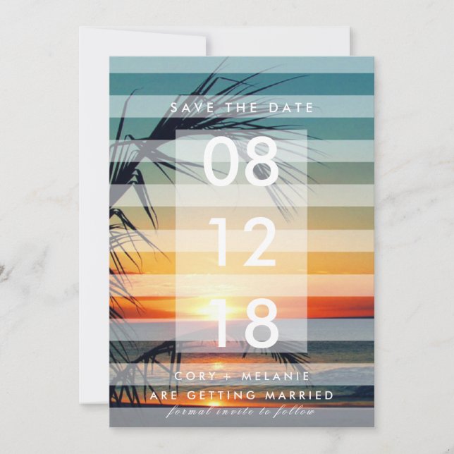 Save The Date Palm Trees Beach Sunset Photo Sauvez les dates (Devant)