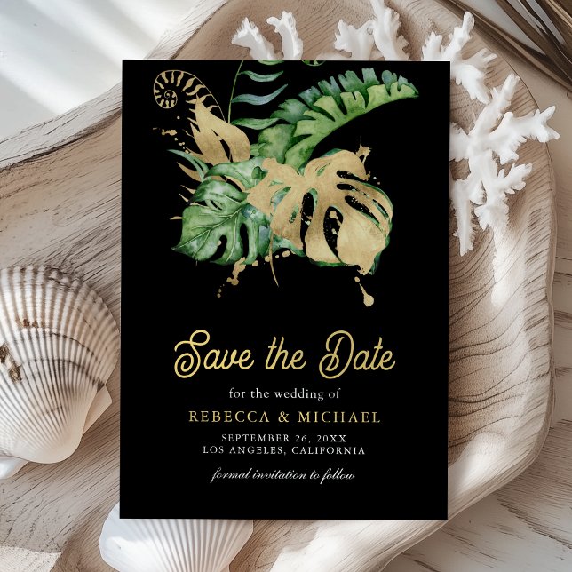 Save The Date Palme Tropicale Monstera Photo Mariage Noir (Créateur téléchargé)