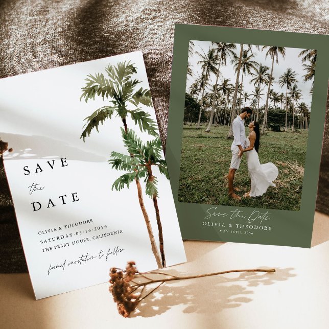Save The Date Palmier Destination Tropicale Photo Dos Mariage (Palm Tree Photo Save the Date tropical destination beach wedding stationery with photo back)
