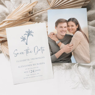 Save The Date Palmier tropical Dusty Blue Beach Wedding