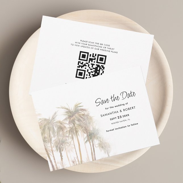 Save The Date Palmiers côtiers et code QR de mariage (Palm Trees QR Code Wedding Save the Date Announcement Horizontal Card)