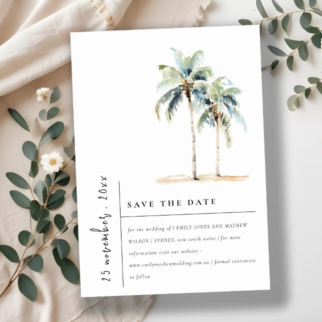 Save The Date Palmiers minimaux Aquarelle Mariage tropical (Créateur téléchargé)