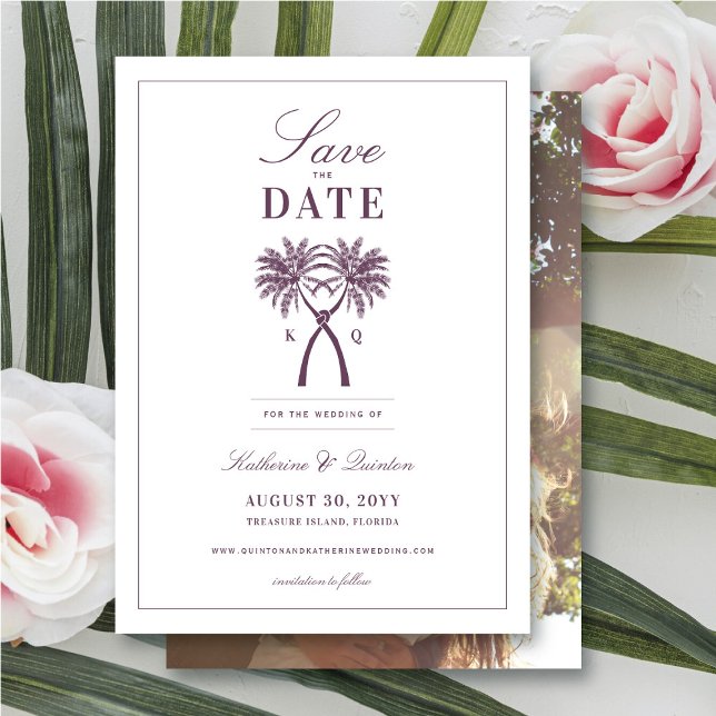 Save The Date Palmiers noués Destination Tropicale Mariage (Knotted Palm Trees Tropical Wedding Save The Date Photo Announcement Card @ fatfatin_blue_knot)