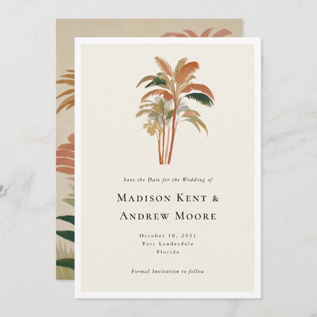 Save The Date Palmiers tropicaux Aquarelle Pastel Boho Mariage (Devant / Derrière)