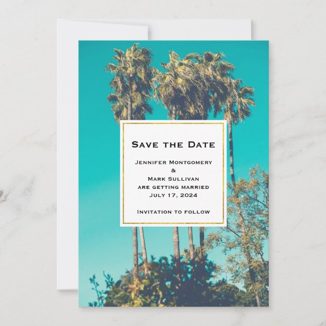 Save The Date Palmiers tropicaux Californie Mariage rétro (Devant)