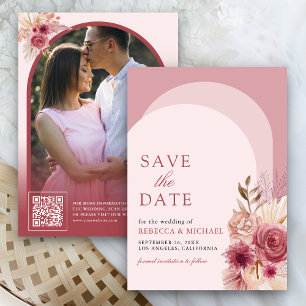 Save The Date Pampa Arch Pampas Pomegranit Rose Floral Photo QR