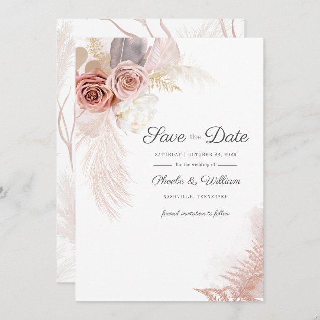 Save The Date Pampas moderne Grass Floral Script Terracotta (Devant / Derrière)