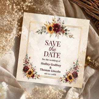 Save The Date Panneau de mariage tournesol Bourgogne automnal