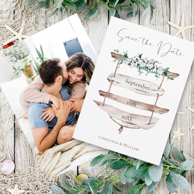 Save The Date Panneau Rustique Wood Beach Aquarelle Florale Phot (Créateur téléchargé)