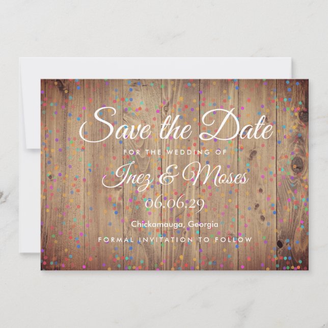 Save The Date Panneaux de bois rustique Confettis arc-en-ciel En (Devant)