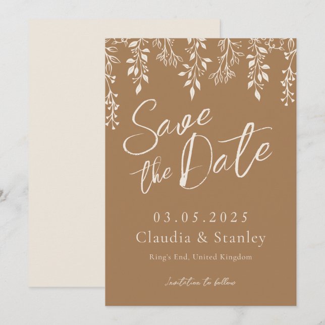 Save The Date Pansement Florales Feuillage Chaud Beige Boho Term (Devant / Derrière)