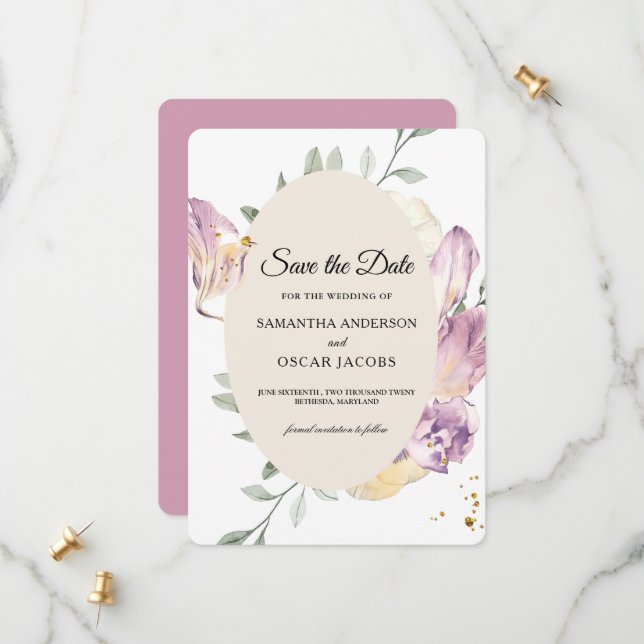 Save The Date Pansy Floral Ovale Aquarelle Élégant (Devant/Arrière en situation)