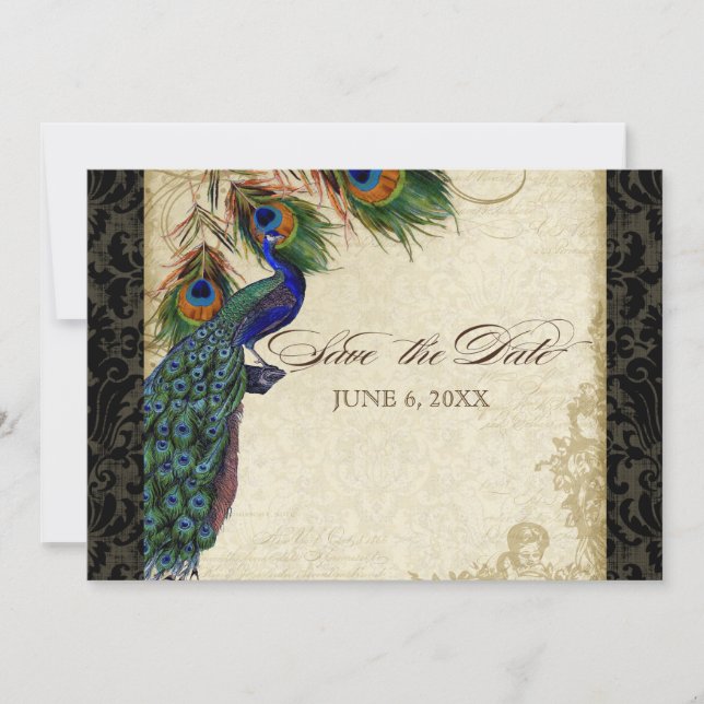 Save The Date Paon & Plumes Formel Date de réservation Noir Brun (Devant)