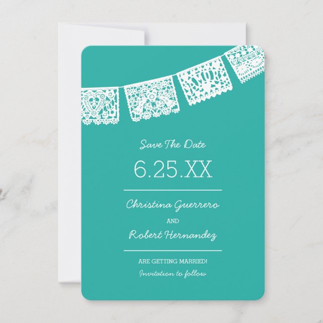 Save The Date Papel Picado Bright Aqua | Mariage Enregistrer La  (Devant)