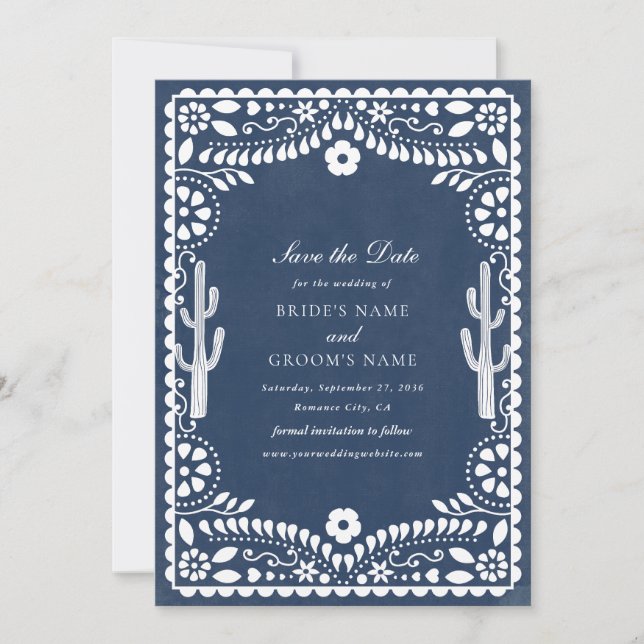 Save The Date Papel Picado Mariage Mexicain Rustique Bleu (Devant)