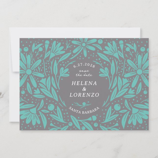 Save The Date Papercut Fleurs rustiques Gris Turquoise (Devant)