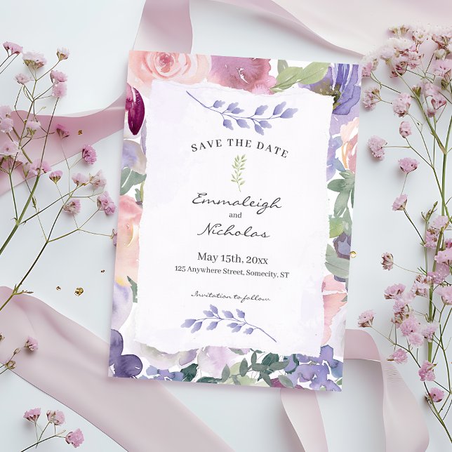 Save The Date Papier déchiré Pastel Lilac Floral Aquarelles Mari (Créateur téléchargé)