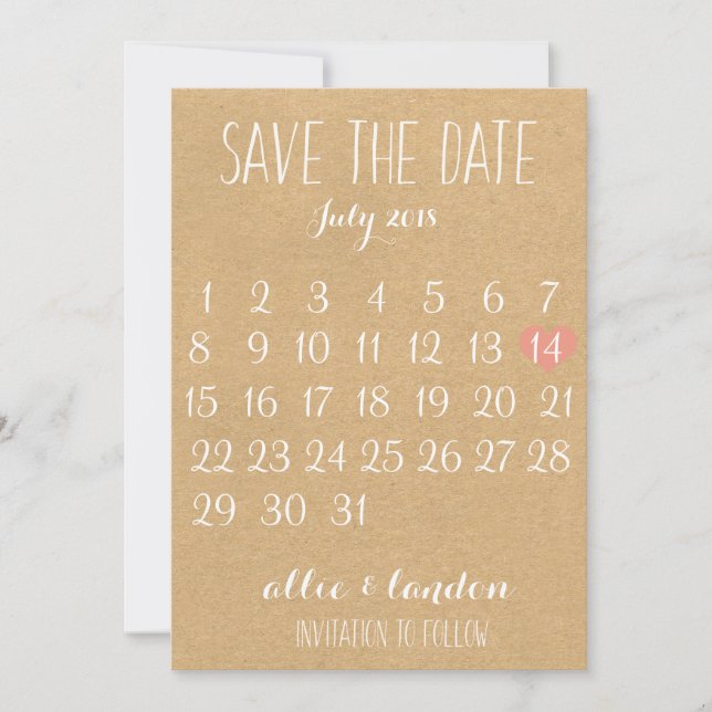 Save The Date Papier Kraft Enregistrer le calendrier des dates (Devant)