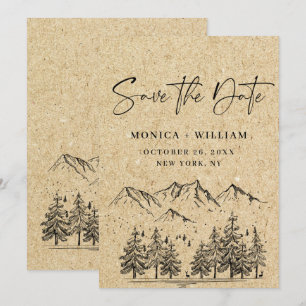 Save The Date Papier Kraft Simulé Mariage à la Montagne Dessiné