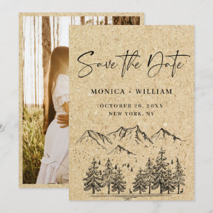 Save The Date Papier Kraft Simulé Mariage Montagnard Dessiné à l