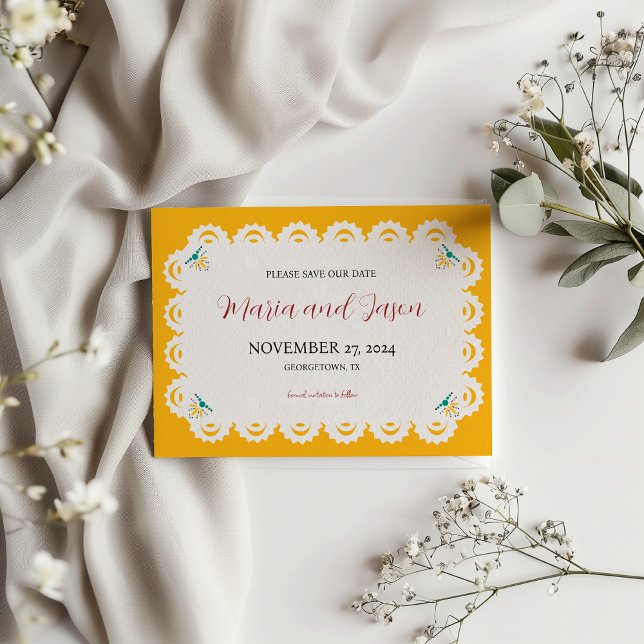 Save The Date Papier mexicain Picado Jaune Nuestra Boda Mariage (Mexican Papel Picado Yellow Nuestra Boda Wedding Save The Date)