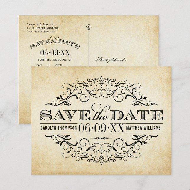Save The Date Papier Vieilli de Style Ancien avec Motifs en Roul (Devant / Derrière)