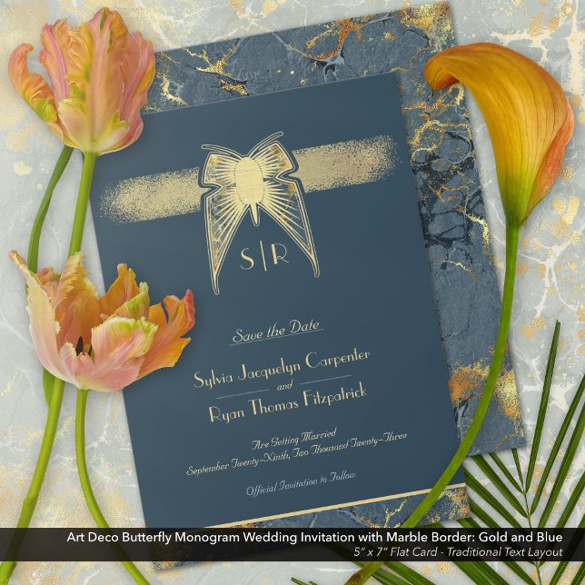 Save The Date Papillon Art Déco Monogramme Mariage bleu et or (Art Deco Butterfly Wedding Save-the-Date Card with Traditional Text Layout)