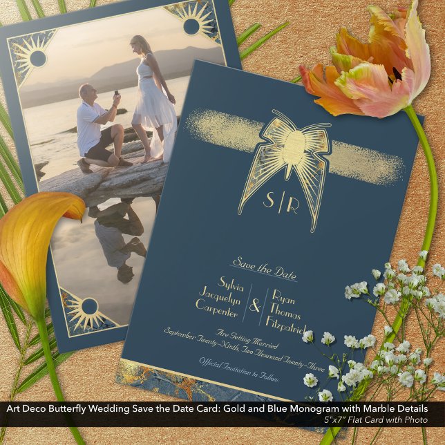 Save The Date Papillon Art déco Monogramme Photo Blue Gold (Art Deco Butterfly Save the Date Card with Monogram: Blue and Gold )