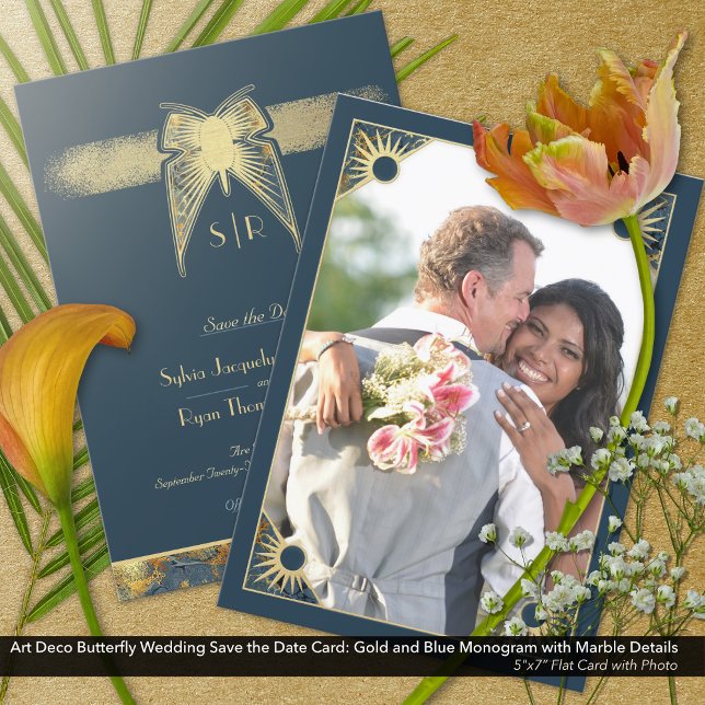 Save The Date Papillon Art déco Monogramme Photo Blue Gold (Art Deco Butterfly Save the Date Card with Monogram: Photo Card)