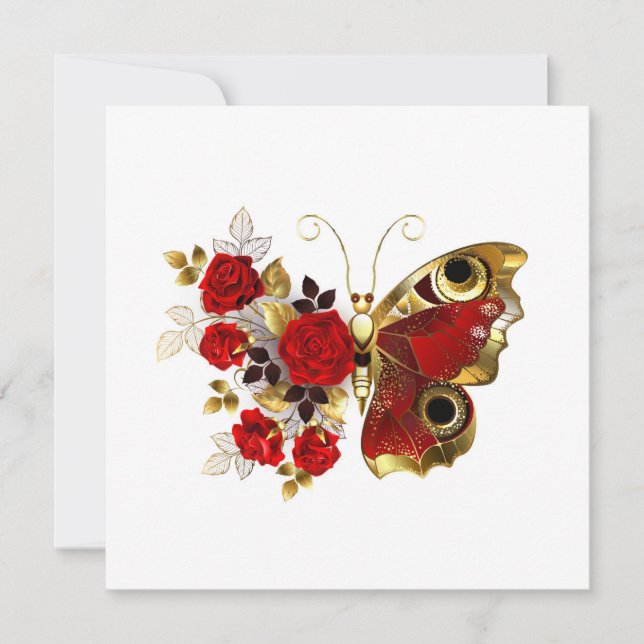 Save The Date Papillon de fleurs rouges aux roses rouges (Devant)