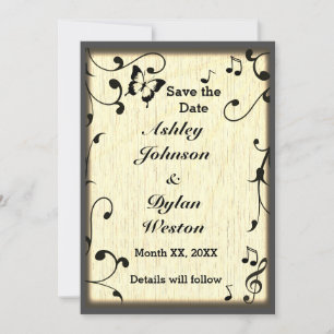 Save The Date Papillon de musique Feuilles Jaune Brun Bois Maria