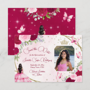 Save The Date Papillon de princesse aux roses roses et photo Qui