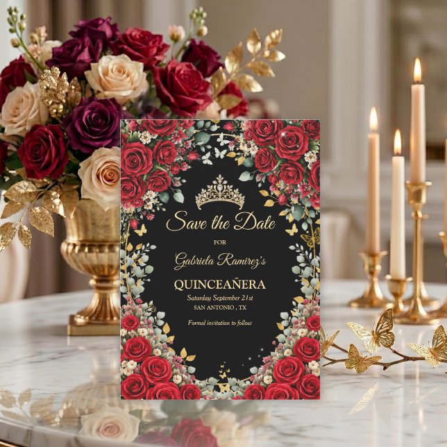 Save The Date Papillon doré noir et rouge Quinceañera  (Créateur téléchargé)