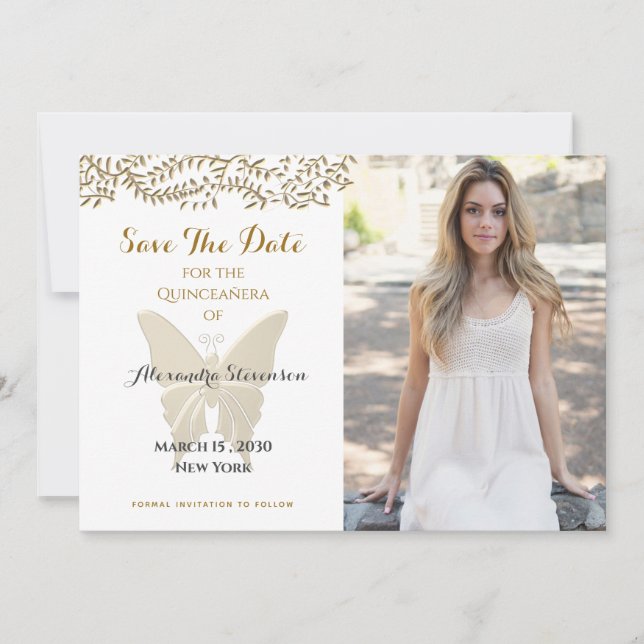 Save The Date Papillon Doré Photo Quinceañera (Devant)